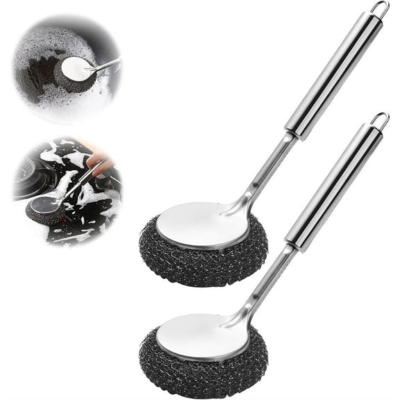 Tutuviw 2Pcs Reusable Stainless Steel Scourer Scrub Set with Long Handle Brush Wire Scrubber Cleaning Balls Pot Pan Dish Brush Metal Scouring Pad Dish Brush&Coffeemaker&Sink Brushes