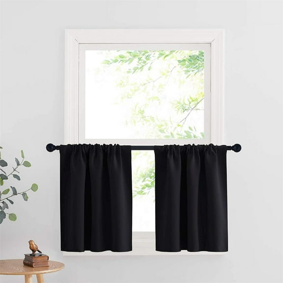 Tutuviw 2Pcs Valance Curtains for Living Room,Basement Window Curtain,Short Out Curtains,Thin Rod Pocket Short Toppers,Half Blackout Curtain for Kitchen,Bathroom,Cabinet,Basement(Black, 42X18 Inch)