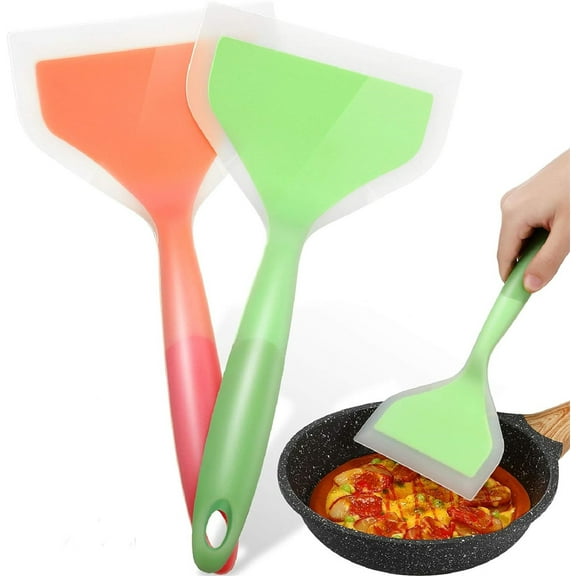 Tutuviw 2Pcs Wide Silicone Spatula Plastic Fish Spatula Non-Stick Cooking Safe Flexible Silicone Turner Heat Resistant Kitchen for Egg Omelette Tamagoyaki(Green,Orange)