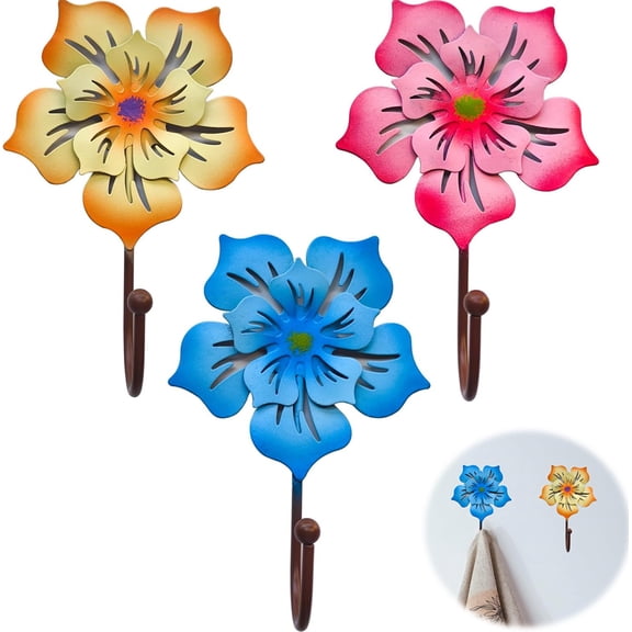 Tutuviw 3 Pack Heavy Duty Flower Shaped Metal Wall Hooks for Hanging Decorative Coat Rack for Home & Garden, Holds Towels Keys Bags Hats, Wall Mounted Organizer (3 Colors, Flower Hook)