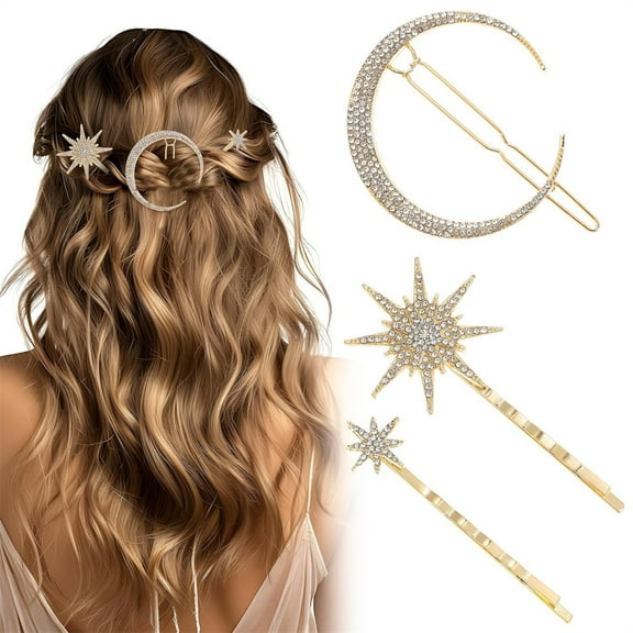 Tutuviw 3 Pcs Moon Hexagram Crystal Hair Clips Set,Alloy Rhinestone Hair Barrettes,Celestial Moon Star Hair Clips,Side Hairpin for Women Lady,Vintage Hair Accessoeies Headpieces Decorative