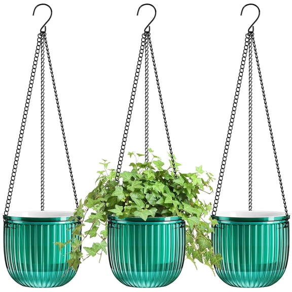 Tutuviw 3 Pcs Self Watering Hanging Planters Indoor Outdoor Hanging Plant Pot Basket Plastic Hanging Flower Pots with Drainage Hole and Hooks for Garden Home Wall Decor (Green)