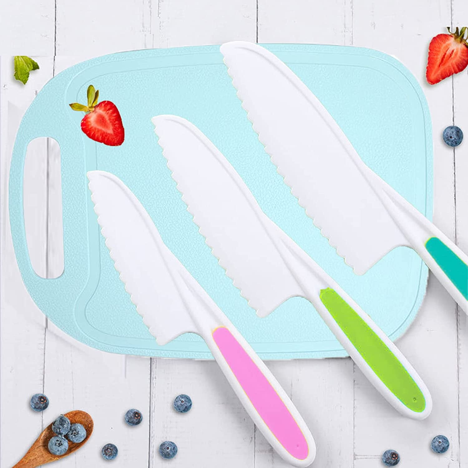 Tutuviw 3 Pieces Kids Knife Set for Cooking, with blue Cutting Board