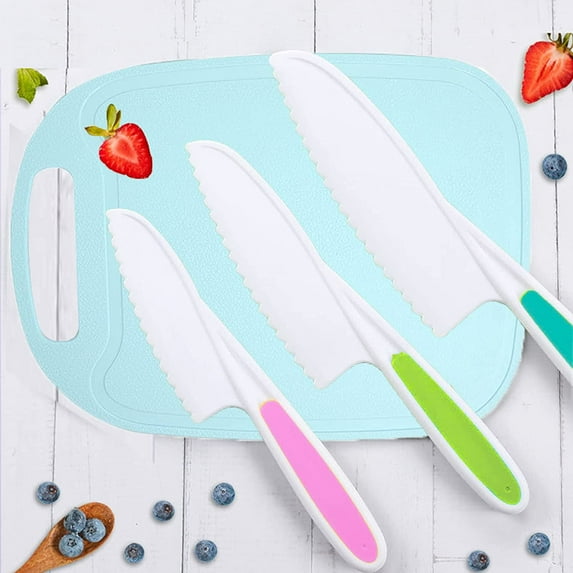 Tutuviw 3 Pieces Kids Knife Set for Cooking, with blue Cutting Board, Safe Lettuce and Salad Knives, Kids Cooking Utensils in 3 Sizes & Colors, Serrated Edges, Plastic Safe Kitchen Knife