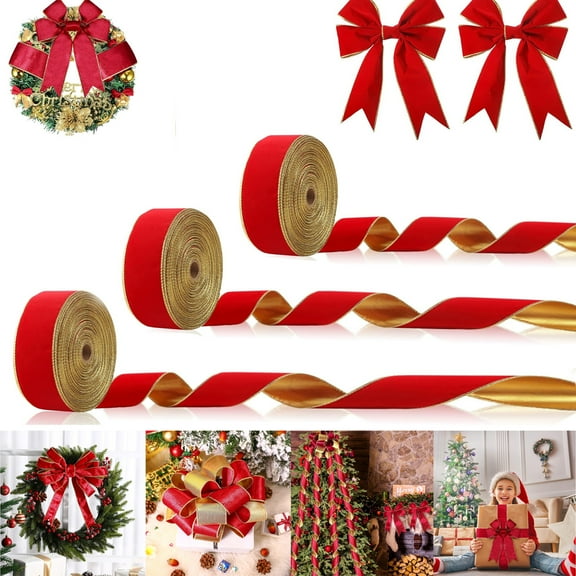 Tutuviw 3 Rolls Velvet Wired Ribbons with Gold Edge, Gift Wrapping Ribbon Waterproof Felt Ribbon for Wreath DIY Crafts, Christmas Tree Decor (Red Gold, 2.5" Wide, 15 Yards Long)