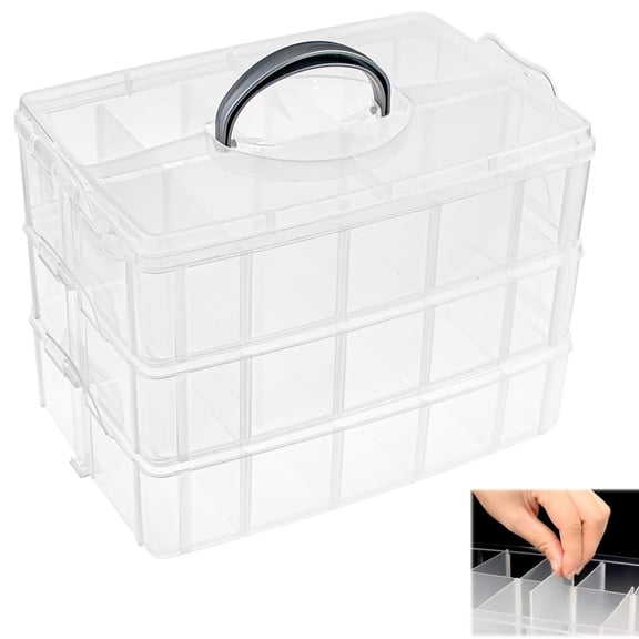Tutuviw 3-Tier Things & Crafts Storage Box with 30 Adjustable Compartments Snap-Lock Tray Container Stackable Compartment Slot Plastic Storage Box, Container Box (Clear)