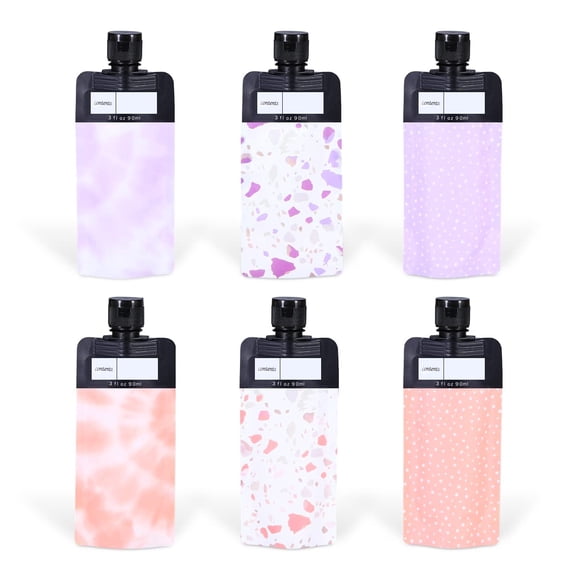 Tutuviw 3 oz Leak Proof Empty Squeeze Pouches 6 Pcs Refillable Travel Pouches Containers,Fluid Makeup Packing Bag for Toiletries,Portable Liquid Travel Pouches for Lotion Shampoo