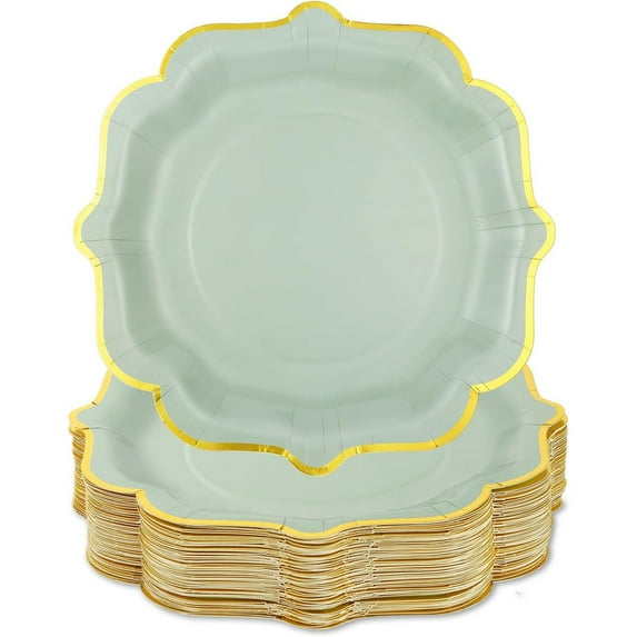 Tutuviw 30Pcs 8.4" Scalloped Paper Party Plates with Gold Foil Scalloped Edging, Disposable Scalloped Paper Plates, Dessert Plates with Gold Foil Edge for Wedding, Green
