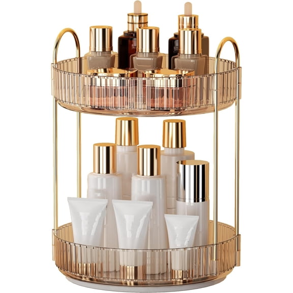 Tutuviw 360 Rotating Makeup Organizer and Storage for Vanity Countertop 2 Tiers, High-Capacity Skincare Make Up Storage Perfume Organizers (Champagne)