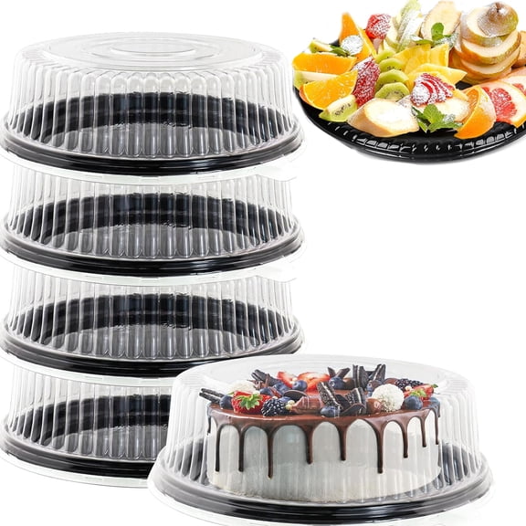 Tutuviw 4 Pcs Heavy Duty Serving Tray Black Plastic Party Platters with Clear Lids Dishware Plate Catering Trays Stackable Round Trays for Party, Takeout Food, Serving Appetizers(12 Inch)