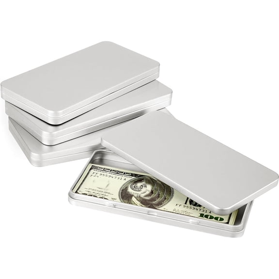Tutuviw 4 Pcs Metal Cash Box with Lid Currency Tray Money Holder Metal Empty Box Container Rectangular Small Dollar Bill Storage Tin Box for Cash Coin Jewelry Stamps Organizer, Silvery