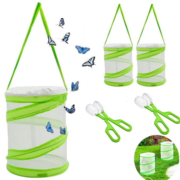 Tutuviw 4 Pcs Pop up Insect and Butterfly Habitat Cage,Bulk Caterpillars Cage with Catcher Clip,Mini Butterfly Net Habitat,Butterfly Enclosure Collapsible,Insect Mesh Cage Terrarium - Green,5 x 7Inch