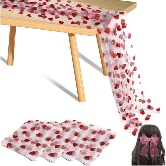 Tutuviw 4 Pcs Strawberry Mesh Table Runner 29 x70 inch Pink Shiny Glitter Tulle Tablecloth Sheer Lace Tablecloth Fruit Table Cover for Shortcake Birthday Wedding Party Kitchen Table Decorations