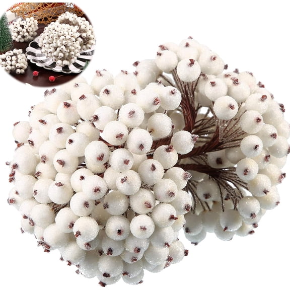 Tutuviw 400 Pcs Artificial Frosted Christmas Berries Faux Flower Fruit on 200 Wire Stems Mini Christmas Berry Artificial Flower for Christmas Tree Decorations Flower Wreath Craft (White)