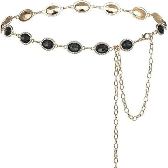 Tutuviw 43in Chain Belt with Jewelry Inlaid,Thin Waistband Fashion Waist Belts for Dress Jeans,Metal Diamond Belt,Crystal Chain Belt for Women,Women's Western Style Belt (Black)