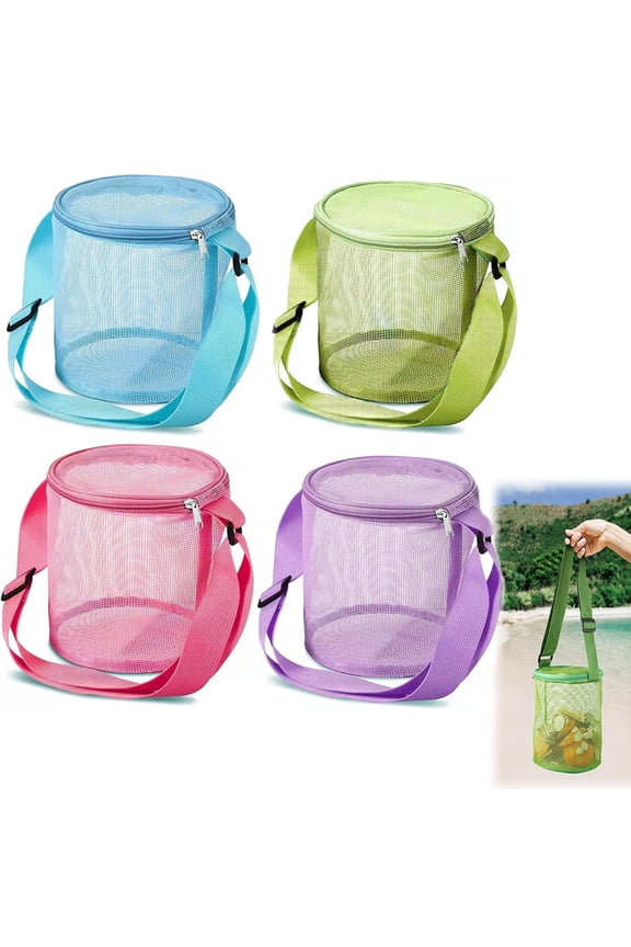 4Pcs Large Capacity Collecting Bag Cylindrical Mesh Beach Bag Beach Mesh Bag Toys Seashell Backpack with Adjustable Carrying Straps And Zipper for Toys Storage, Random Color
