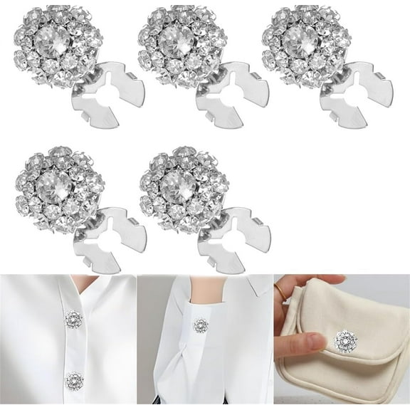 Tutuviw 5 Pcs Button Covers Rhinestone Crystal Detachable Cover Clip-On No Sew Buttons Decorative Replacement for Cufflinks Shirts Clothes, DIY Craft Supplies, Holiday Dress Decoration (Silver)