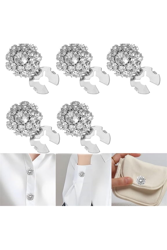 5 Pcs Button Covers Rhinestone Crystal Detachable Cover Clip-On No Sew Buttons Decorative Replacement for Cufflinks Shirts Clothes, DIY Craft Supplies, Holiday Dress Decoration (Silver)