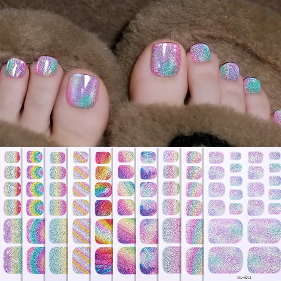 Tutuviw 5 Sheets Gradient Glitter Toe Nail Polish Stickers Strips Full Nail Wraps Toenail Stickers 3D Shiny Colorful Gel Toe Nail Decals with Nail Files for Women Girls Nails Decoration