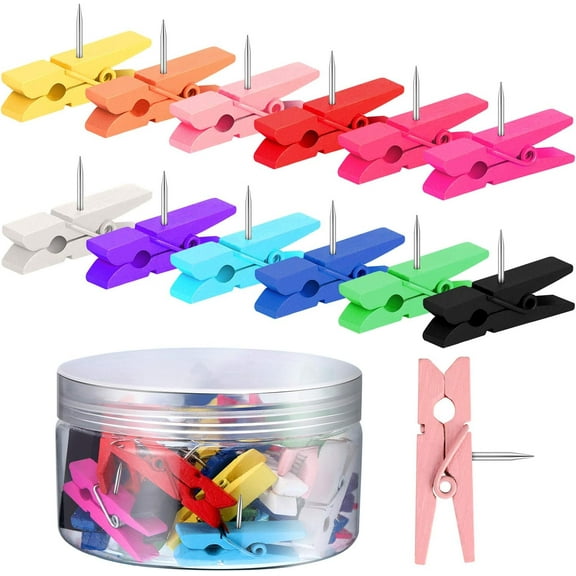 Tutuviw 50 PCS Colorful Push Pin with Wooden Clips Durable Wooden Push Pins Decorative Pushpins Tacks Thumbtacks Decorative Paper Clips for Board Crafts Art Photo Offices Supplies