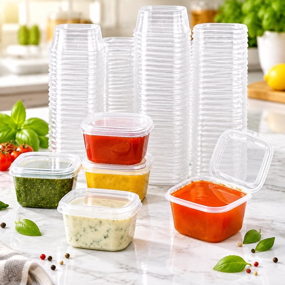 Tutuviw 50 Pack 1 oz Square Condiment Containers with Attached Hinged Lids, Clear Portion Cups, Small Plastic Sauce Cups for Salad Dressing, Salsa, Sauce, Jams, Sample and Food Storage