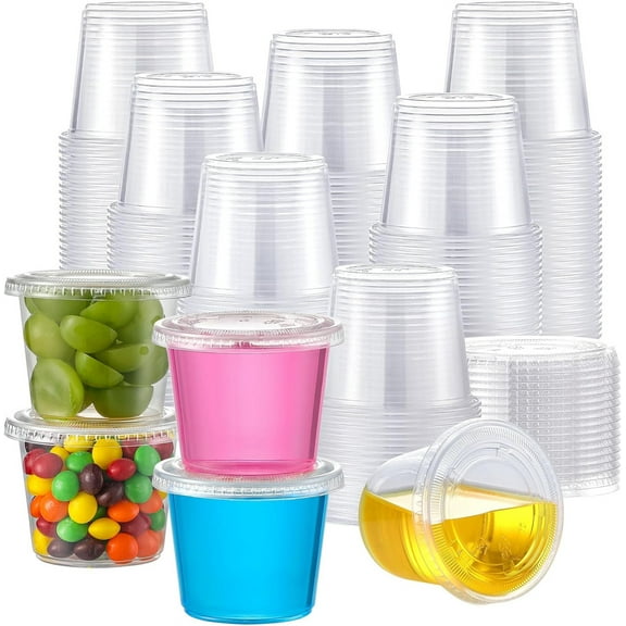 Tutuviw 50 Pcs 5oz Disposable Plastic Jello Shot Cups with Lids,Plastic Portion Cups,Condiment Containers,Stackable Plastic Condiment Cups for Slime,Candies,Sauces,Salad Dressings,Puddings