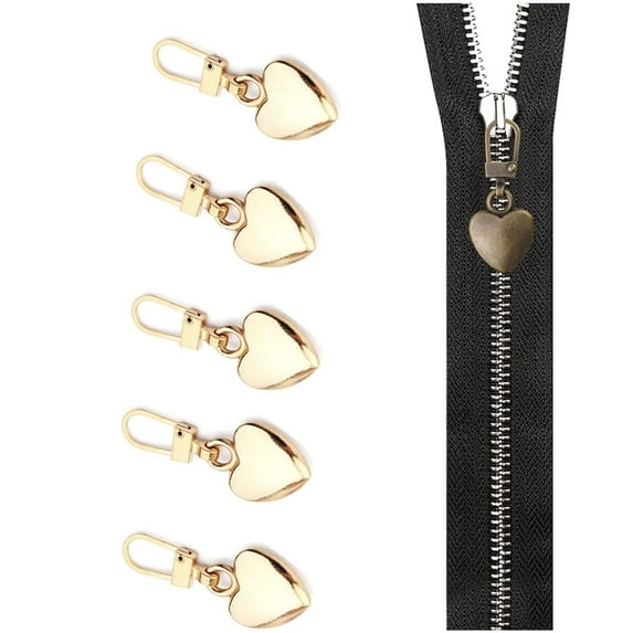 Tutuviw 5Pcs Detachable Heart Shape Zipper Pull,Zippers Pull Replacement,Zipper Pull Repair for Jackets,Metal Zipper Pulls Tabs for Purses,Heart Shape Zipper Hand Pull (Gold)