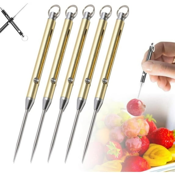 Tutuviw 5Pcs Portable Titanium Spring Toothpicks,Stainless Steel Pocket Push-pull Toothpick,Retractable Toothpick with Titanium Protective Case Holder,Key Pendant for Outdoor, Gold