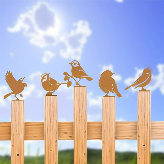Tutuviw 5Pcs Rusty Birds Decoration Metal Art Outdoor Fence Lifelike Metal Birds Silhouette Craft Statue Wood Country Yard Art Gardening Fence Topper Decoration