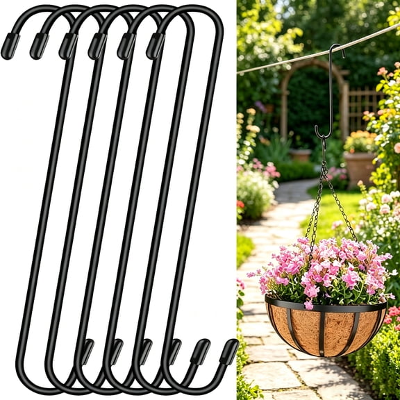 Tutuviw 6 Pcs 12" Heavy Duty Long S Hooks for Hanging Plants Baskets, Utility Metal Large S Hooks for Garden Pergola Pots Plants, Bird Feeder on Tree Branch, Closet Patio, Indoor Outdoor