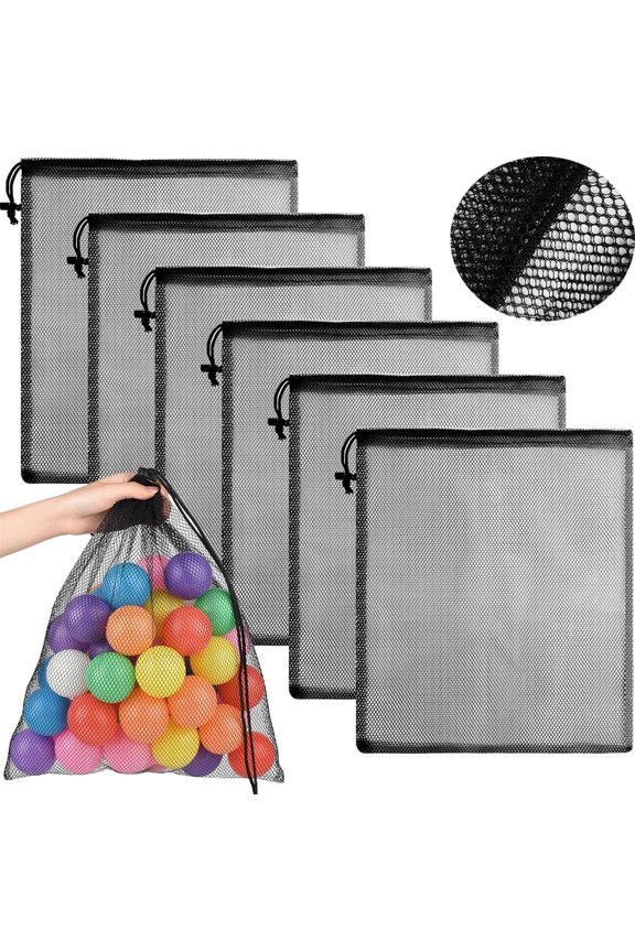 6 Pcs Nylon Mesh Bags Drawstring Nylon Gym Bag with Cord Lock Closure 14x16 in Drawstring Mesh Bags Mesh Stuff Sack Bag for Beach Toy Ball Camping Clothing (Black)