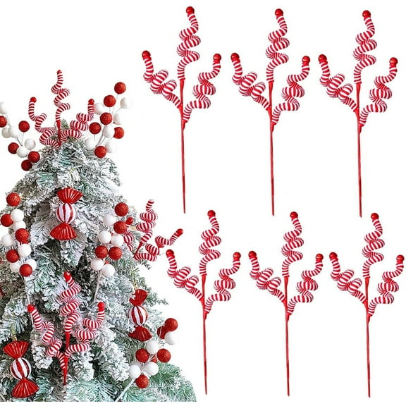 Tutuviw 6 Pcs Red White Christmas Woolen Bells Curly Pick Candy Picks Christmas Tree Ornaments Bell Shape Christmas Tree Picks for Xmas Party Supplies Anniversaries Home Decoration Vase Filler