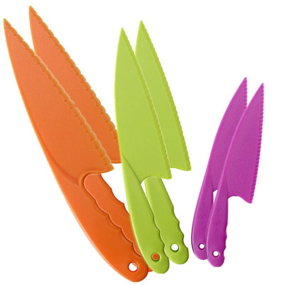 Tutuviw 6 Pieces Kid Plastic Kitchen Knife Set, Children's Safe Cooking Chef Nylon Knives for Fruit, Bread, Cake, Salad, Lettuce Knife (3 Colors)