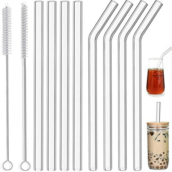 Tutuviw 8 Packs Reusable Glass Straws,7.8'' x 8mm Clear Drinking Straws with 2 Cleaning Brushes Portable Glass Straws for Smoothies Tea Juice Wine