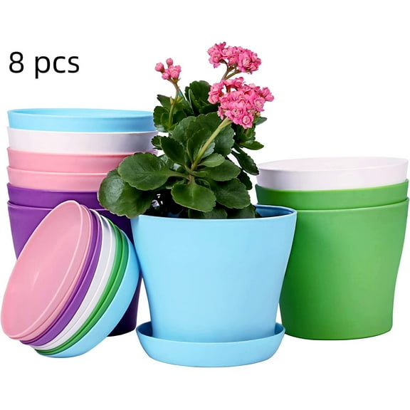 Tutuviw 8 Pcs Plastic Planters Indoor Flower Plant Pots, Mini Flower Seedlings Nursery Pot / Planter / Flower Pot with Pallet, Modern Decorative Gardening Containers (Size S )