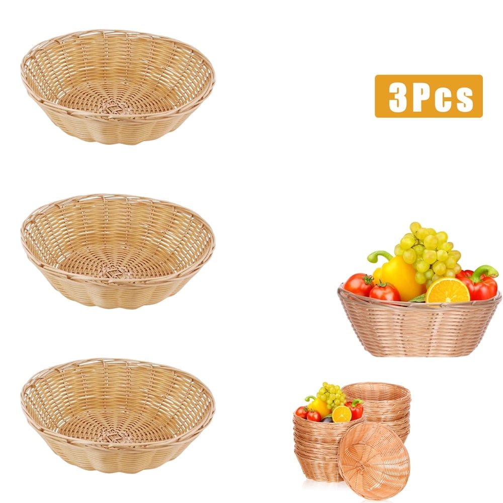 Tutuviw 9-Inch Round Woven Bread Roll Baskets Bulk Plastic Round Basket , Food Serving Baskets for Fruits Vegetables Snacks Kitchen Restaurant - Set of 3