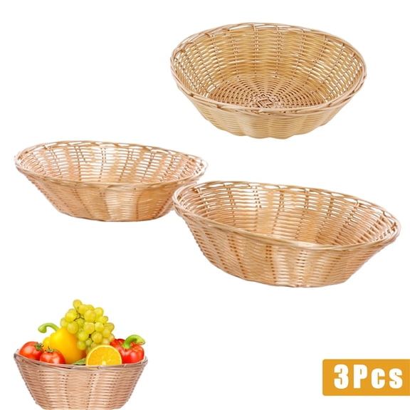 Tutuviw 9-Inch Round Woven Bread Roll Baskets Bulk Plastic Round Basket , Food Serving Baskets for Fruits Vegetables Snacks Kitchen Restaurant - Set of 3