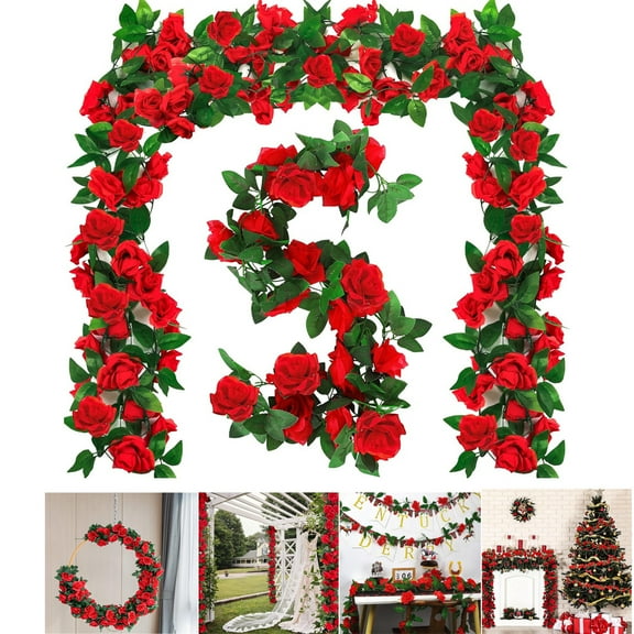 Tutuviw Artificial Rose Vine with Green Leaves,Flower Garland Decor,Artificial Rose Flower Ivy Hanging Garlands Wall Garden Decor for Room Wedding Birthday Arch Decor (Red)