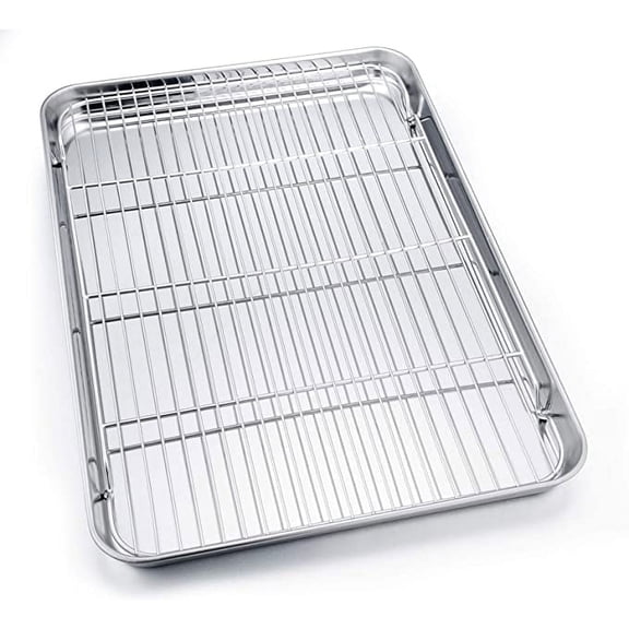 Tutuviw Baking Sheet with Cooling Rack Set [1 Sheets + 1 Racks], 18 Inch Stainless Steel Baking Pans Tray Cookie Sheet with Wire Rack for Oven, Non Toxic, Heavy Duty & Dishwasher Safe- 2 Packs