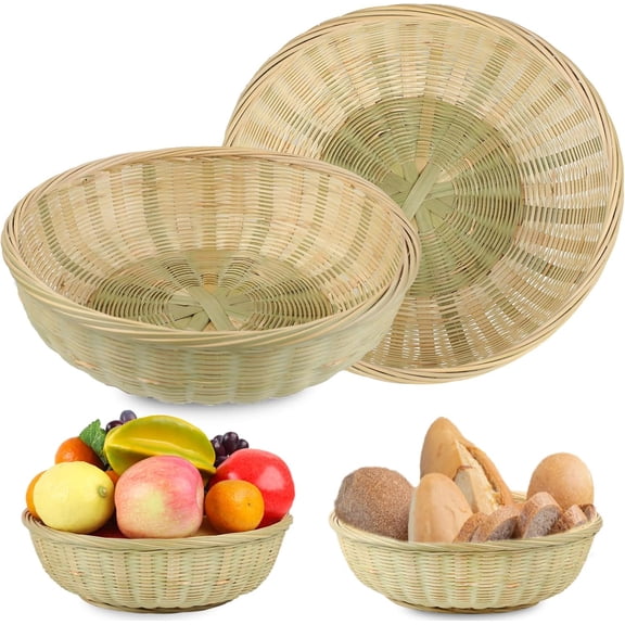 Tutuviw Bamboo Bread Basket 2 Pcs 9.8in Large Round Gift Baskets Natural Bamboo Woven Wicker Fruit Basket Food Storage Basket Bin for Picnic Kitchen Restaurant Christmas Gifts