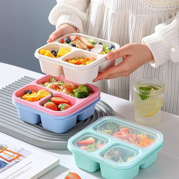Tutuviw Bento Snack Containers, 4 Pack Lunchable Container with 3 Compartments for Adults On-the-Go Meals，Portion Control, Reusable Bento Stackable Lunch Box, Work Travel