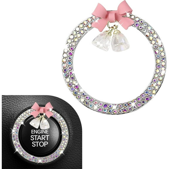 Tutuviw Car Start Button Cover Sticker Car Butterfly Bling Ring Emblem Pink Bow Crystal Bell Start Decals Key Ignition Knob Bling Ring Car Interior Accessories Decoration for Women Girl (Multicolored)