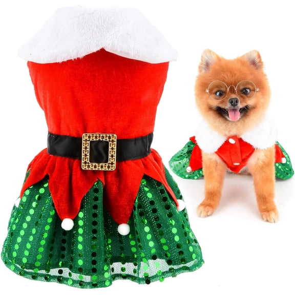 Tutuviw Christmas Dresses for Small Dogs Cats Bling Sequins Puppy Girl Xmas Puffy Dress Pet Xmas Skirt Female Dog Skirt Winter New Year Clothes Xmas Holiday Party Cosplay Outfit Winter Apparel (S)