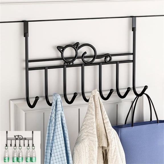 Tutuviw Over the Door Hook,Cat Design Wall Hooks Over Door Hook with 7 Hooks for Back of Bedroom Bathroom Door Punch-Free Coat Rack Organizer Clothes Key Holder Towel Door Coat Hanger,Black