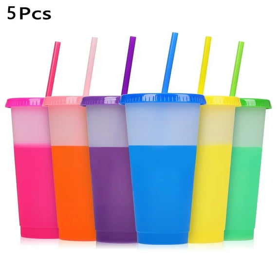 Tutuviw Color Changing Cups Tumblers with Lids Straws - 5 Reusable Bulk Tumblers Plastic Cold Cups for Adults Kids 32oz Tumbler (Color Random)