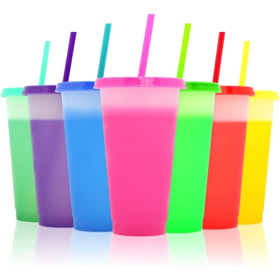 Tutuviw Color Changing Cups Tumblers with Lids & Straws for Kids - 7 Reusable Plastic Bulk Tumblers 24oz Cold Cup Tumbler Set for Kids