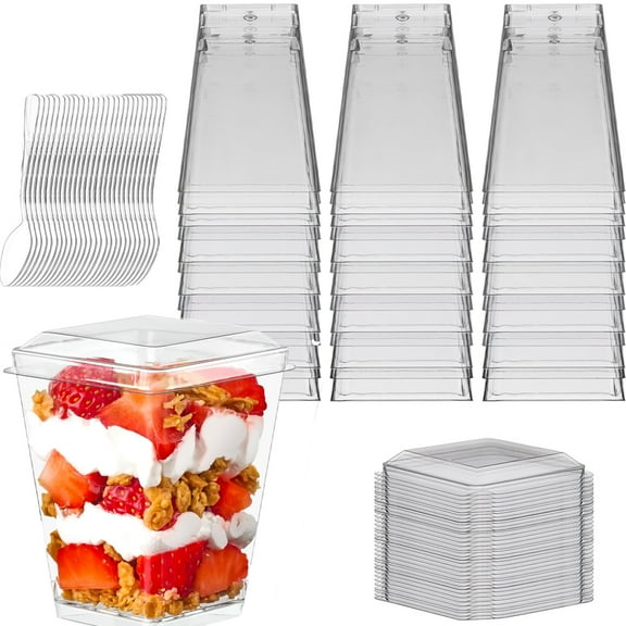 Tutuviw Dessert Cups 20 Pcs 5 oz Clear Yogurt Parfait Cups with Lids, Mini Plastic Appetizer Cups with Spoons, Small Square Banana Pudding Cups for Fruit Party Pudding Shooter
