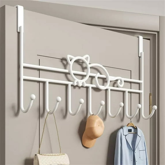 Tutuviw Over Door Hanger with 7 Hooks,White Coat Hooks,Cat DesignWall Hooks for Back of Bedroom Bathroom Door Punch-Free Coat Rack Organizer Clothes Key Holder Towel Door Coat Hanger