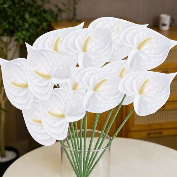 Tutuviw Fake Anthurium Flowers 14 Pcs 24"Artificial Anthurium Real Touch Flower Faux Floral Arrangement for DIY Vase Bouquets Centerpiece Bridal Shower Party Decor, White