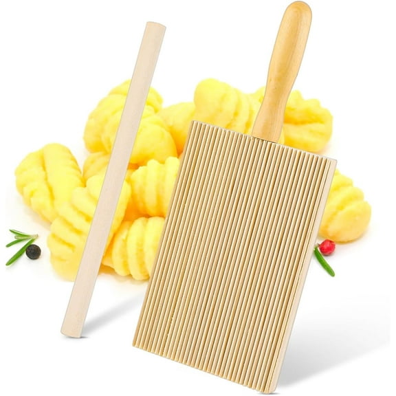 Tutuviw Gnocchi Board, Natural Beech Wood Gnocchi Board Paddle with Roller, Beechwood Pasta Board, Macaroni Pasta Maker, Tortellini Cavarola Roller for Italian Gnocchi Pasta Cutlery Gift